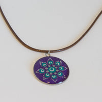 Hand painted resin Mandala pendant, purple, green, silver