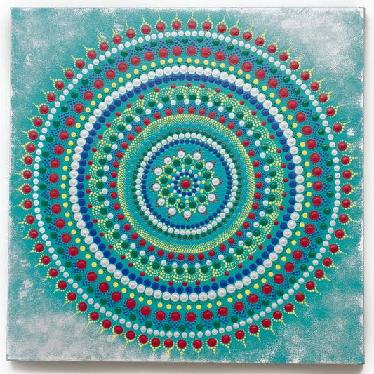 Large dot mandala, red blue green yellow silver turquoise 