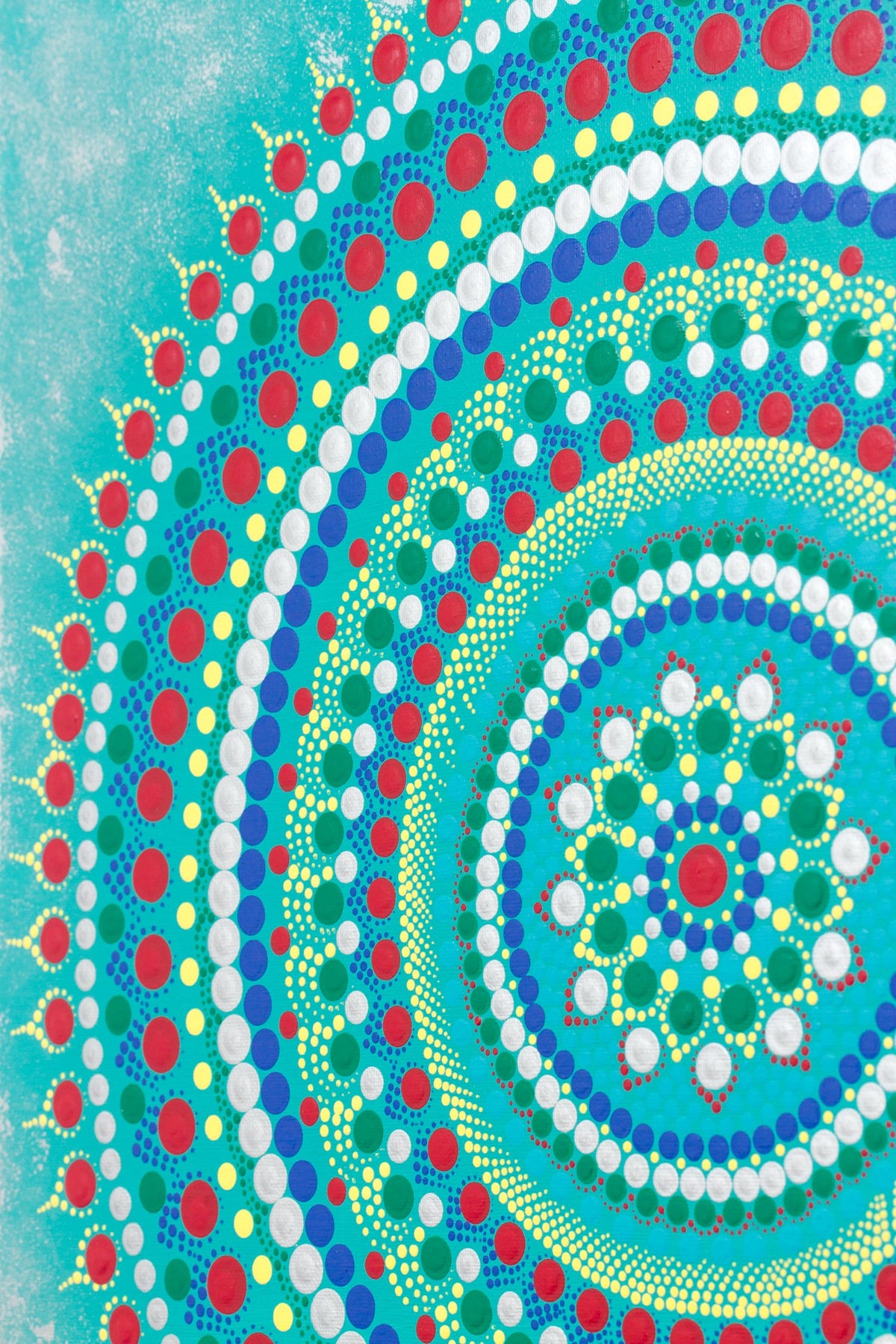 Large dot mandala, red blue green yellow silver turquoise 