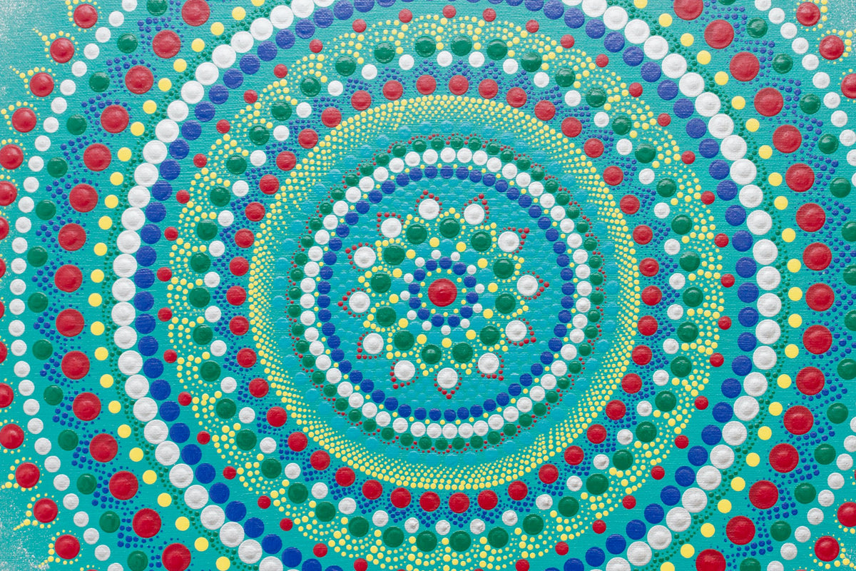 Large dot mandala, red blue green yellow silver turquoise 