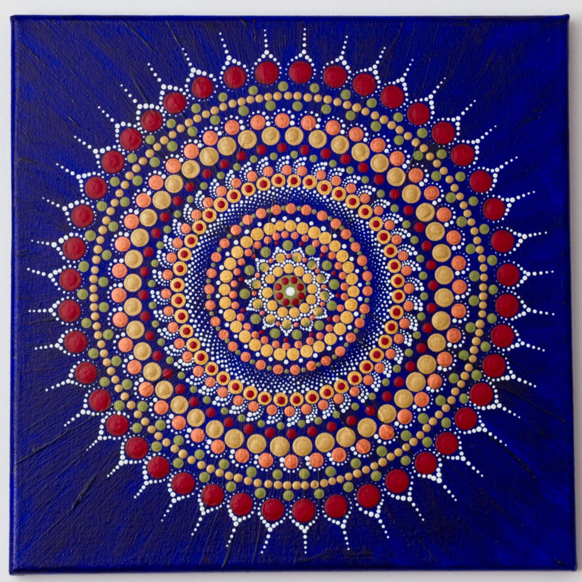 Meditation tool dot mandala blue gold bronze red green white