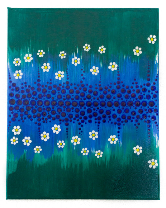 Dot painting | Flowers dot painting | blue green white yellow dot painting