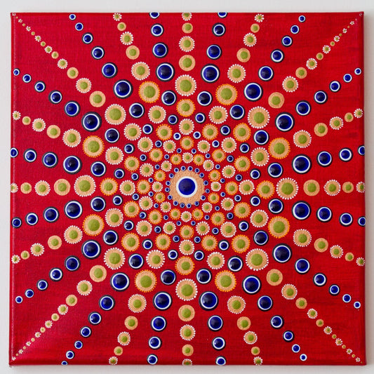 Red blue gold white orange dot mandala