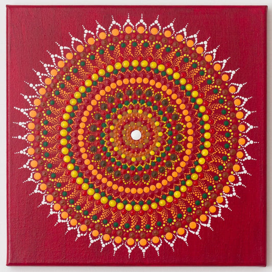 Red yellow orange green white meditation dot mandala 