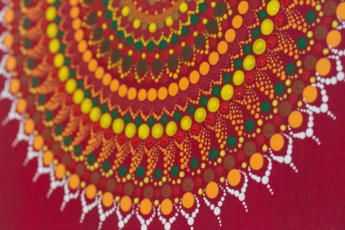 Red yellow orange green meditation dot mandala detail