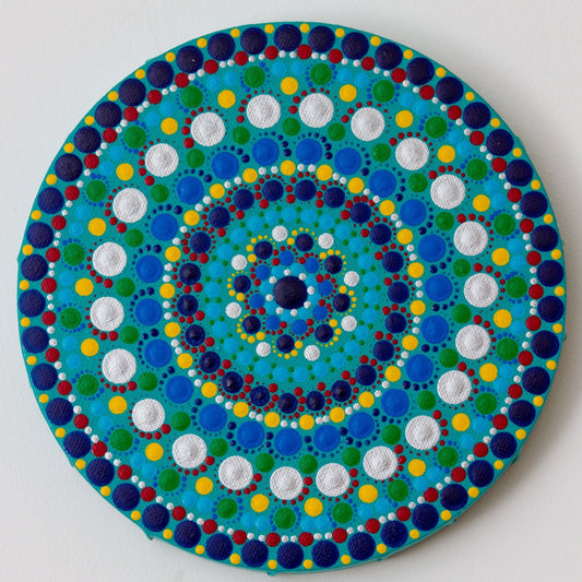 Round meditation Mandala red green blue yellow silver turquoise