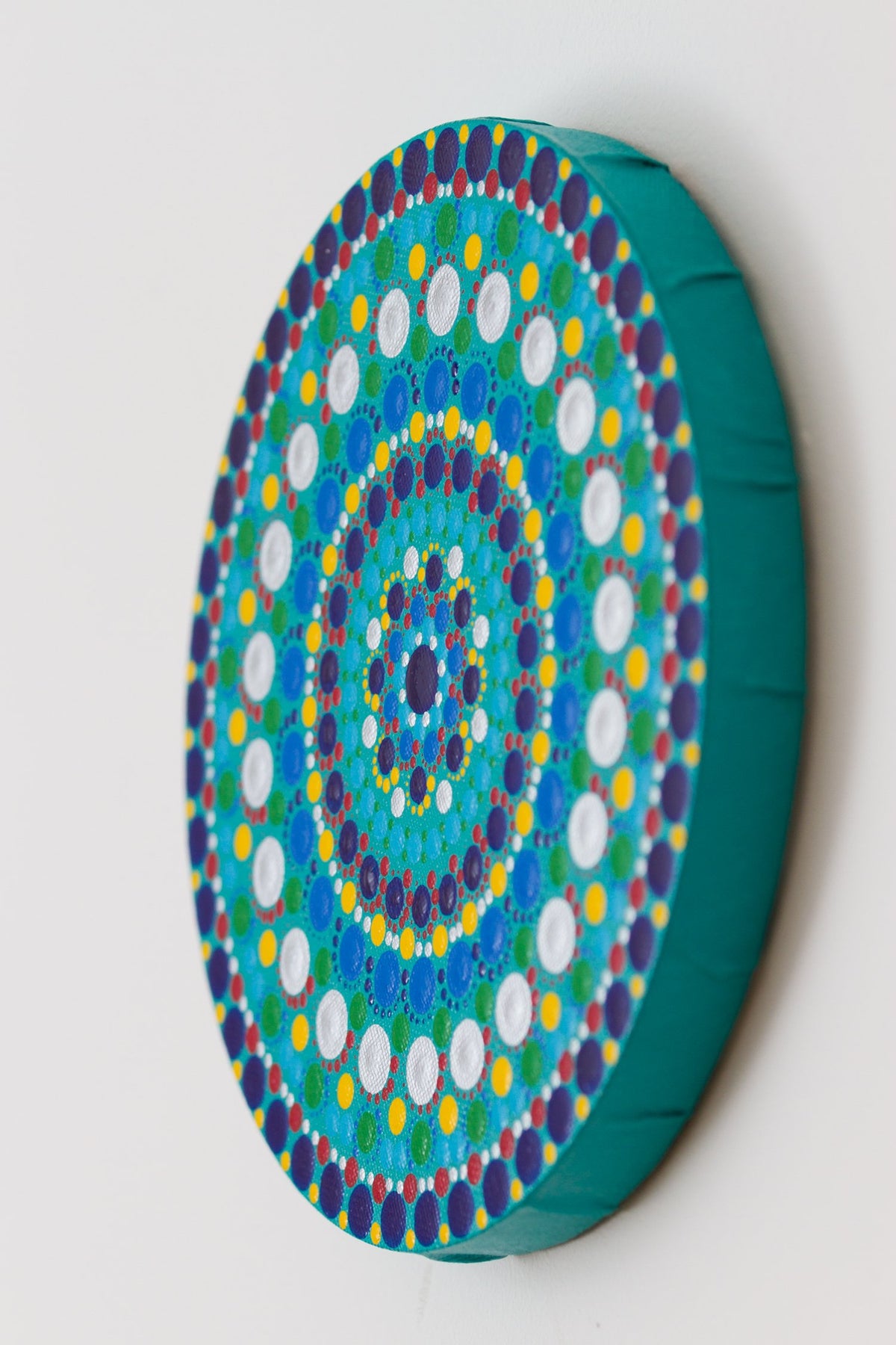 Round meditation dot mandala blue silver green yellow turquoise red