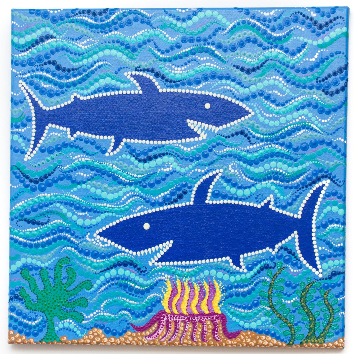 Sharks in the sea dot painting on canvas