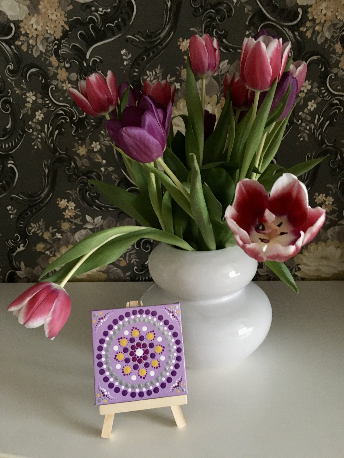 Mini dot mandala with own easel purple yellow white silver