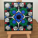 Small dot mandala with mini easel green blue white red silver black